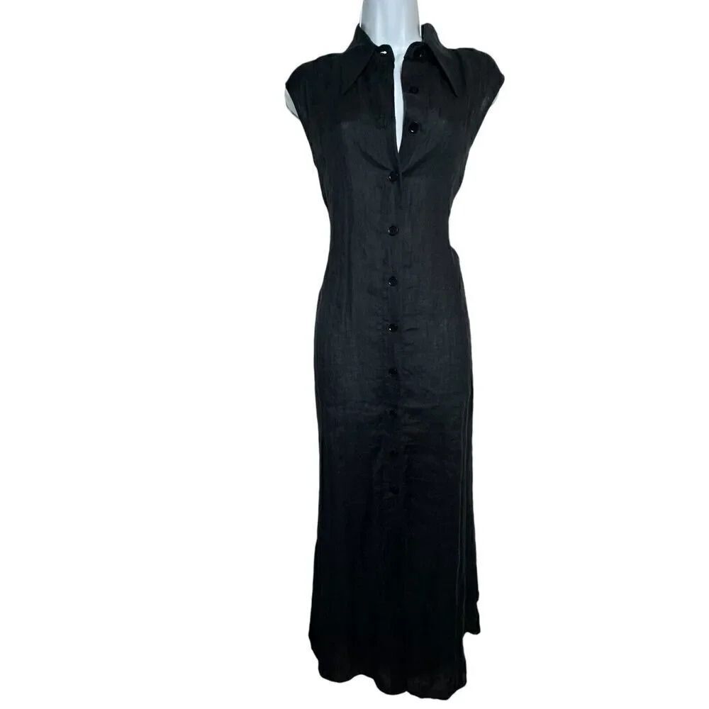 SCANLAN THEODORE black 100% linen maxi dress sleeveless shirt dress US size 2 - Picture 9 of 9